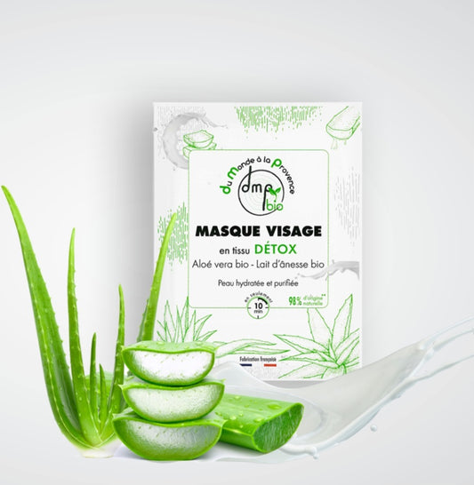 Masque visage en tissu Détox et Hydratant au Lait d’Ânesse BIO, Aloe vera BIO et Moringa